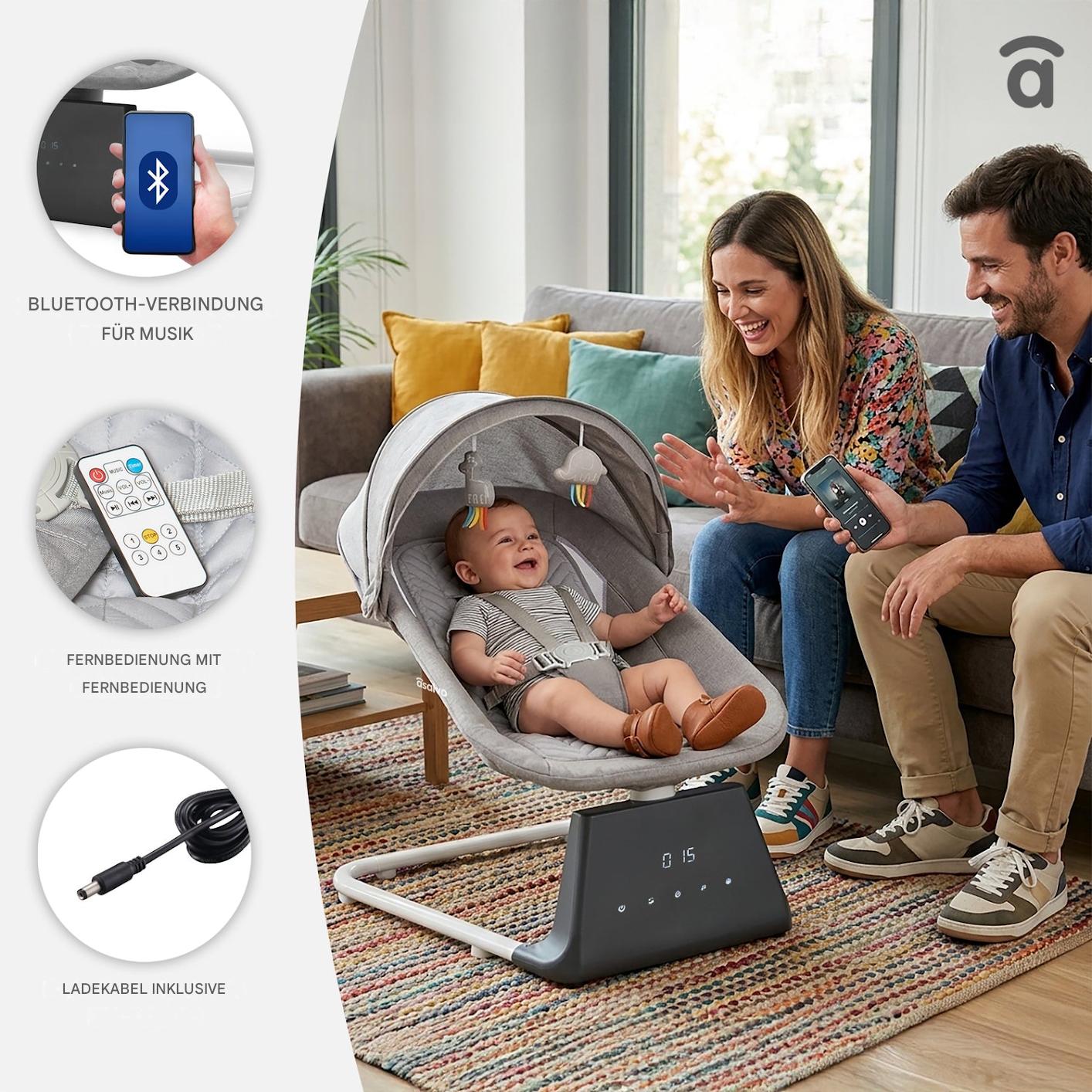 Asalvo Baby-Schaukelstuhl Wippe mit Bluetooth-Steuerung.