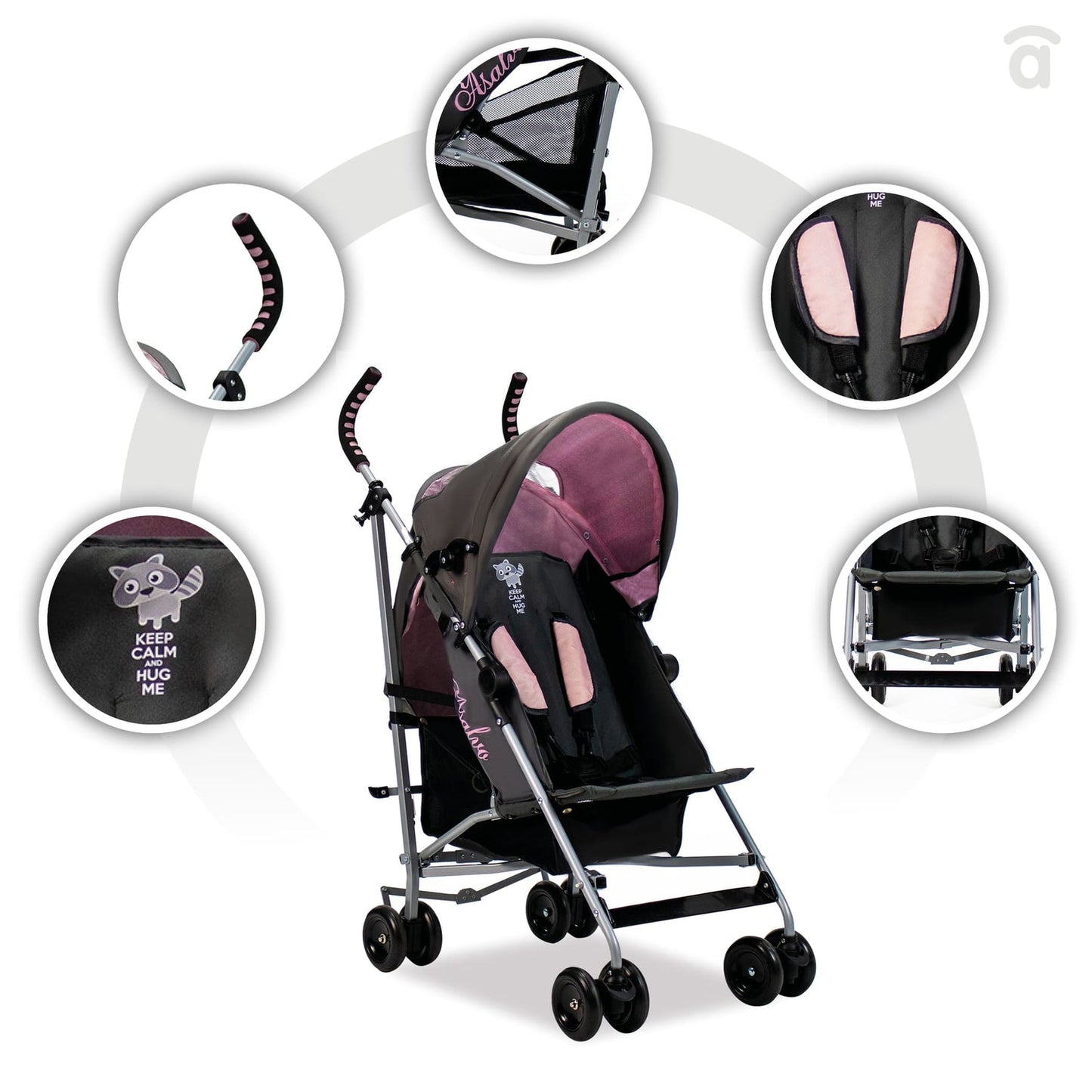 Asalvo Yolo Kinderwagen Waschbär designe in Pink
